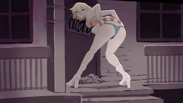 Girl desperately peeing outside a building (animated)
