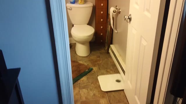 Girl peeing her jeans in bathroom