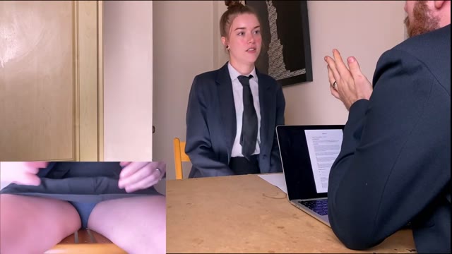 Girl wetting her skirt during interview
